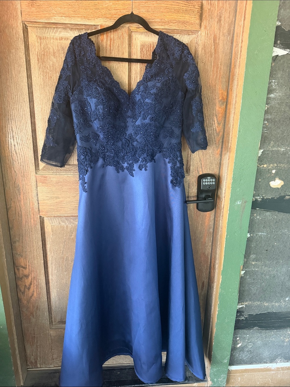 V-Neck Navy Lace A-Line Long Sleeve Dress